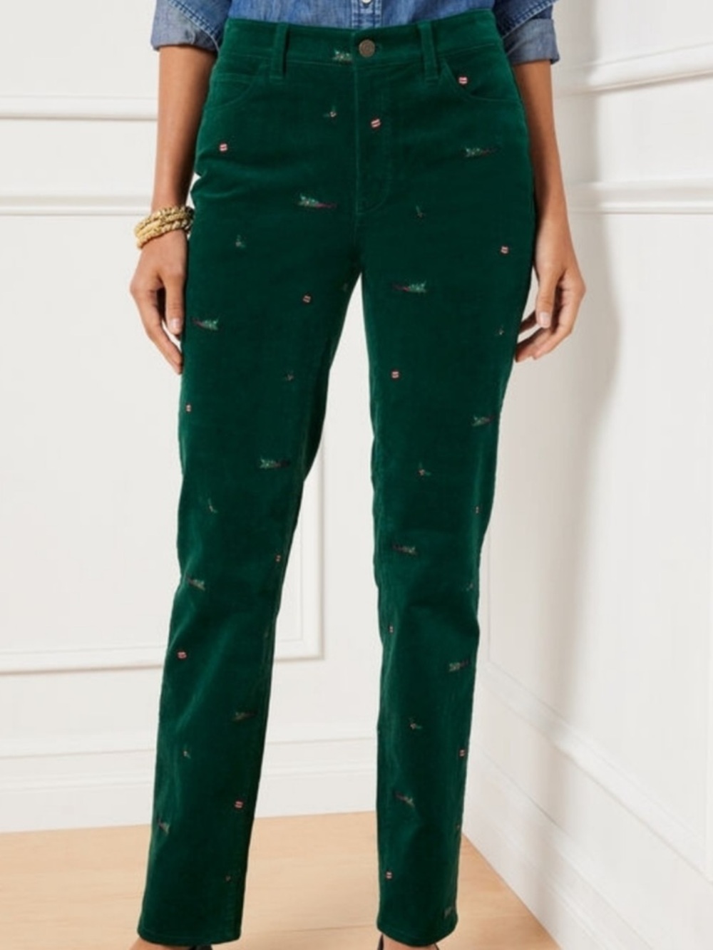 VINTAGE J Crew “Christmas Cheer” stretch Corduroy Pants with Tiny Red Embroidery